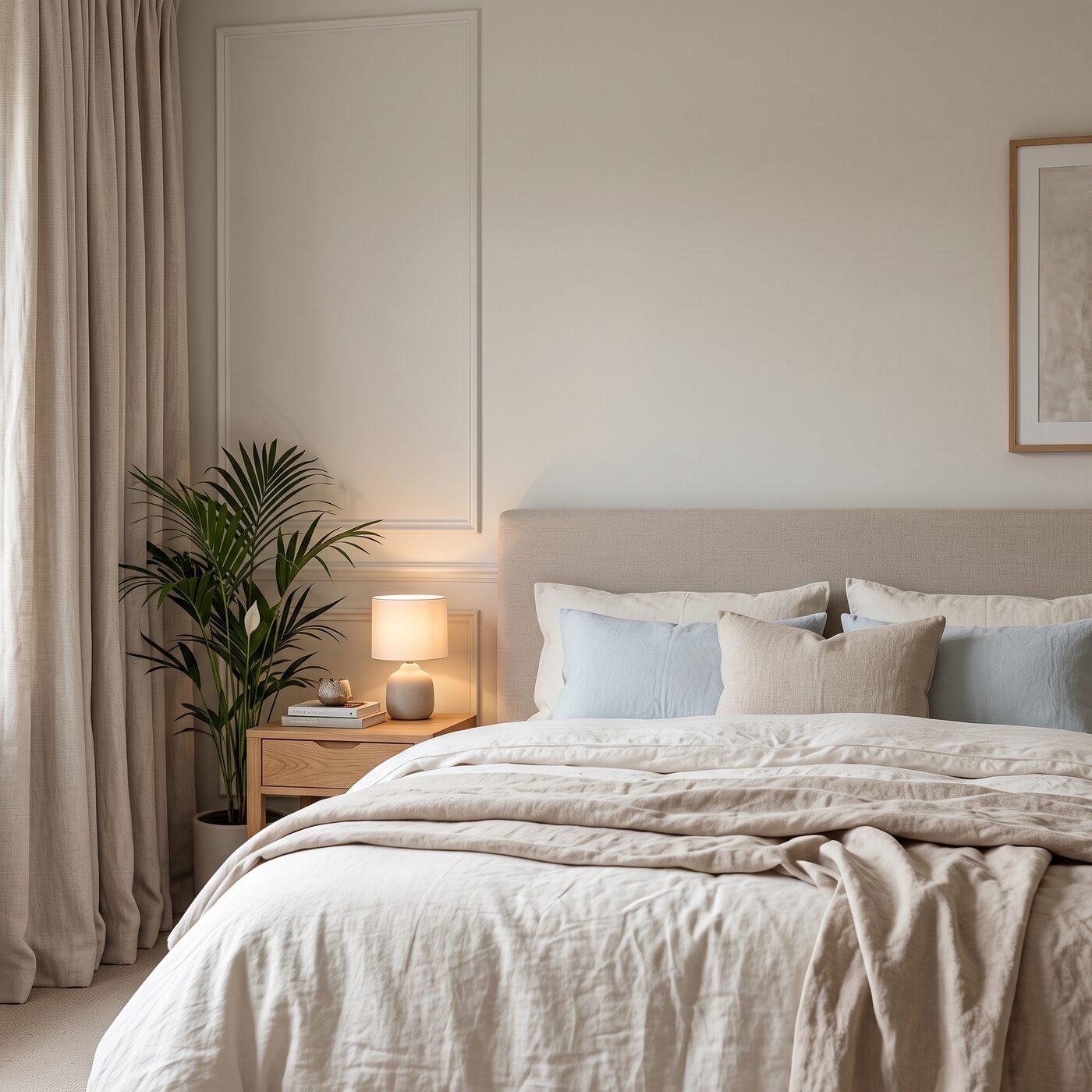 A calm bedroom in soft evening light, with linen bedding, pale blue cushions and a bedside lamp
