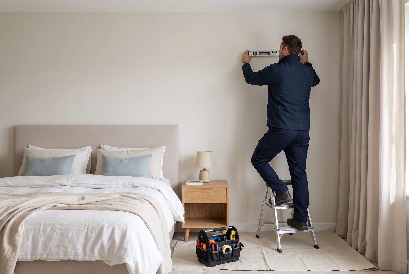 An installer on a step ladder checks a bedroom wall with a spirit level before fitting